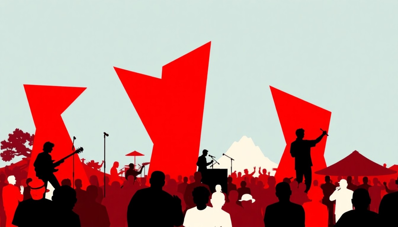 A striking abstract composition of bold, geometric shapes in shades of red, white, and black, conceptually representing the diverse musical acts and community-driven spirit of the Stern Grove Festival.