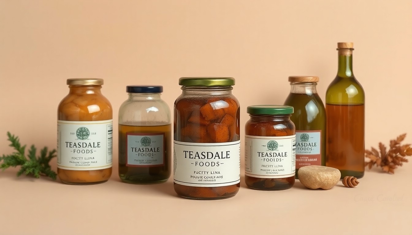 A high-end, photorealistic studio still-life featuring a group of premium glass jars and bottles in muted earth tones arranged elegantly on a clean, monochromatic background, conceptually representing the artisanal food products of Teasdale Foods.
