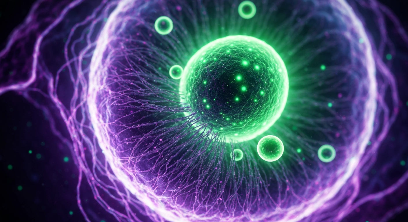 An abstract, ghostly X-ray image revealing the complex internal structure of a human cell, conveying the scientific breakthroughs in longevity research.