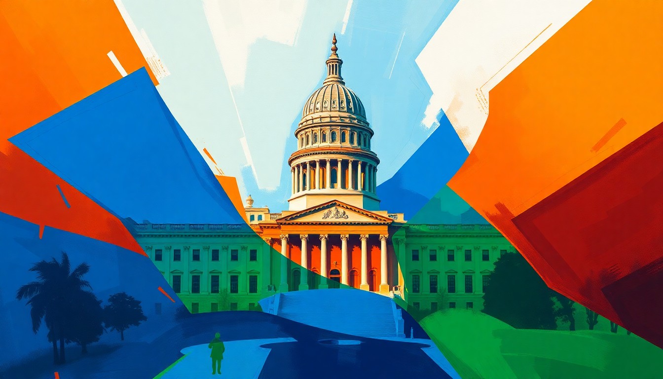 A vibrant, abstract painting featuring the California state capitol building in a fractured, overlapping style with bold strokes of blue, orange, and green, conveying the dynamic energy of the state's gubernatorial election.