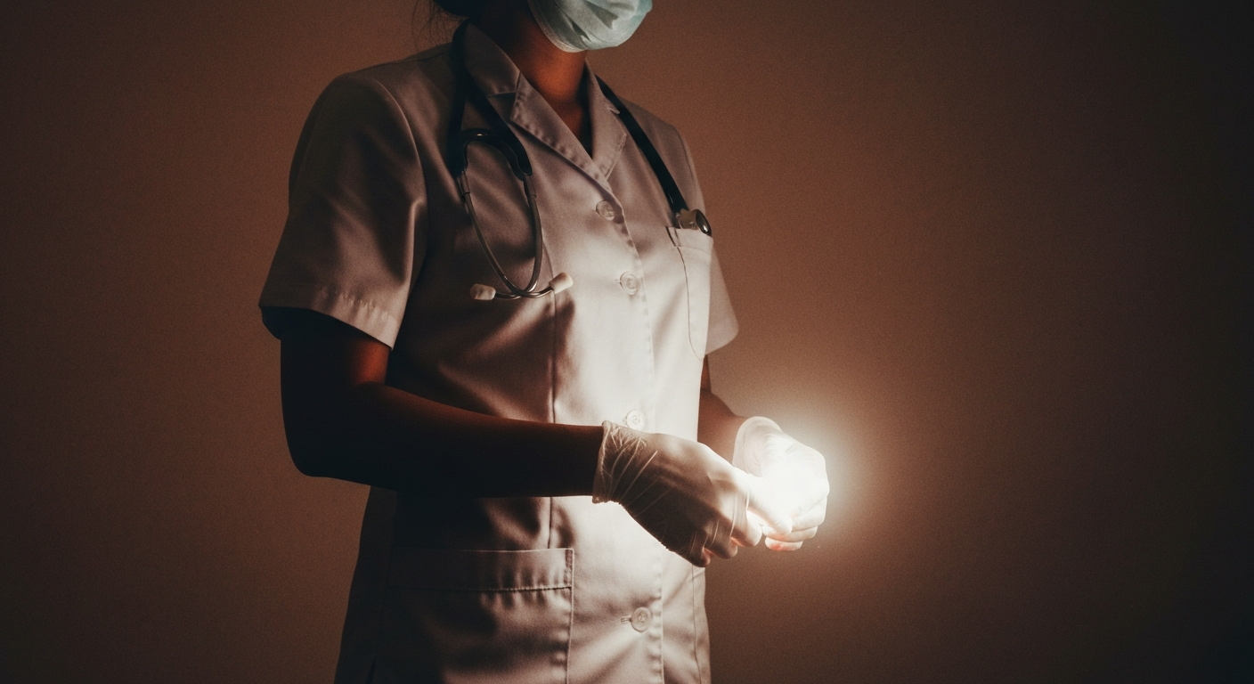 A vibrant neon outline of a nurse's figure, representing the vital role of healthcare workers in the community.