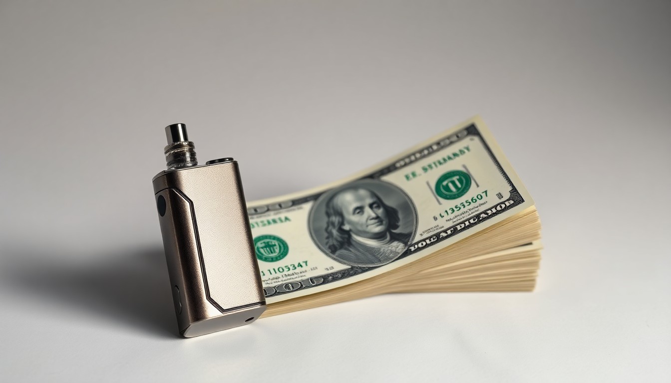 A high-end, photorealistic studio still-life photograph featuring a premium, polished metal vape device and a stack of American dollar bills on a clean, monochromatic background, conceptually representing the financial and regulatory challenges facing the vaping industry.