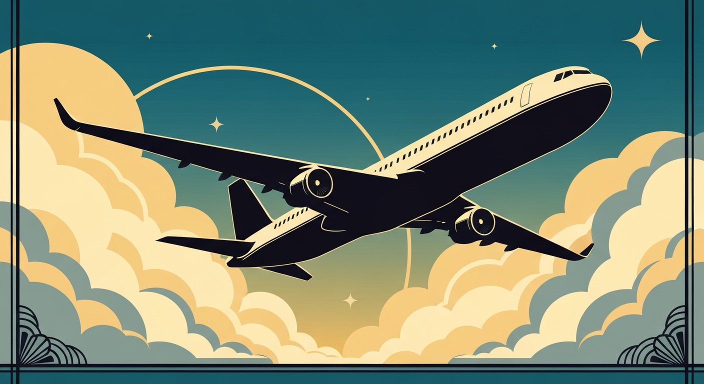 A highly stylized, geometric illustration depicting the sleek silhouette of an airplane against a backdrop of sweeping, abstract clouds and sky, conveying the grand scale and modern aesthetic of air travel.