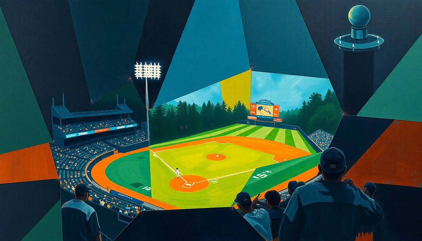 A fractured, multi-perspective painting breaking down a baseball game into sharp, overlapping geometric planes in navy, green, and orange, conceptually representing the complexities of player injuries and recoveries.