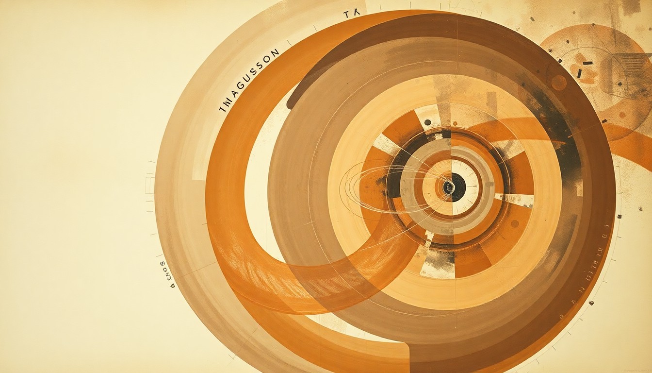 A bold, abstract painting in earthy tones of brown, ochre, and deep blue, featuring sweeping geometric arcs, concentric planetary circles, and precise botanical spirals, conceptually representing the advanced communications and structural order of the Artemis II mission's journey to the moon.