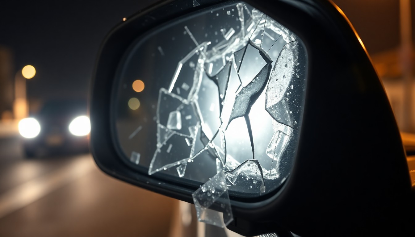 An extreme close-up of a shattered car side mirror reflecting a dim street light, conveying the stark aftermath of a deadly hit-and-run collision.