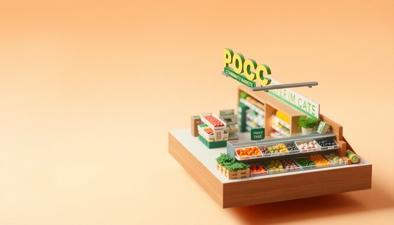 A clean, minimalist 3D illustration depicting the interior of a modern, open-concept PCC Community Markets grocery store, with bright natural lighting, an abundance of fresh produce, and specialty food items lining the shelves, all floating on a soft pastel background.