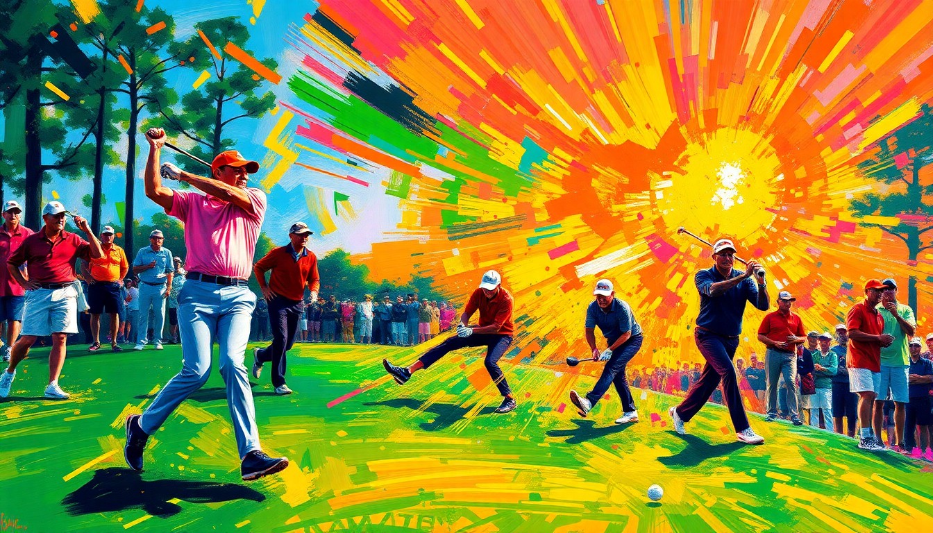 An abstract, expressionist painting featuring bold, neon-colored brushstrokes that capture the dynamic energy and movement of golfers on the course at the Masters Tournament.