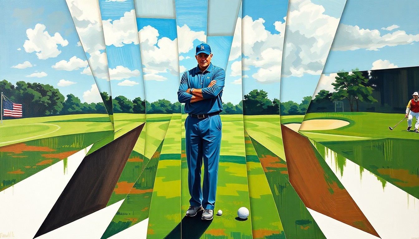 A cubist, geometric painting depicting a college football coach standing on a golf course, the scene broken down into sharp, overlapping planes of color and shape.
