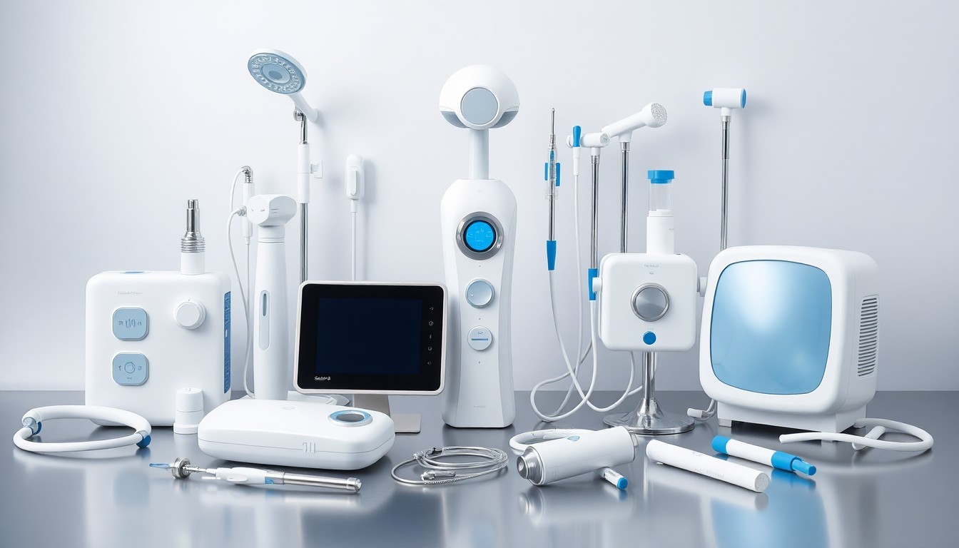 A minimalist studio photograph featuring a collection of sleek, modern medical devices and instruments in a clean, monochromatic color palette, symbolizing the advanced virtual maternal healthcare services offered by SimpliFed.