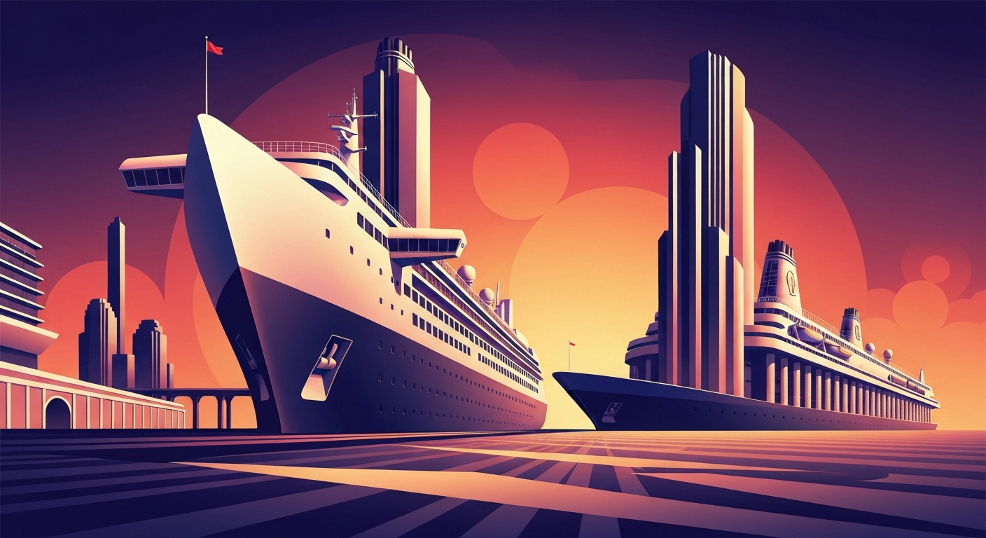 A highly stylized, geometric illustration depicting the grand scale and architectural elegance of a modern cruise ship or port facility, conveying the excitement and romance of cruise travel without any literal depictions.