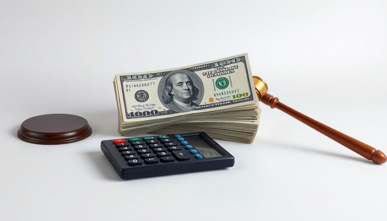A photorealistic studio still-life featuring a stack of dollar bills, a calculator, and a gavel on a clean, minimalist background, symbolizing the financial impact of the extended restaurant sales tax in Fulton, Mississippi.