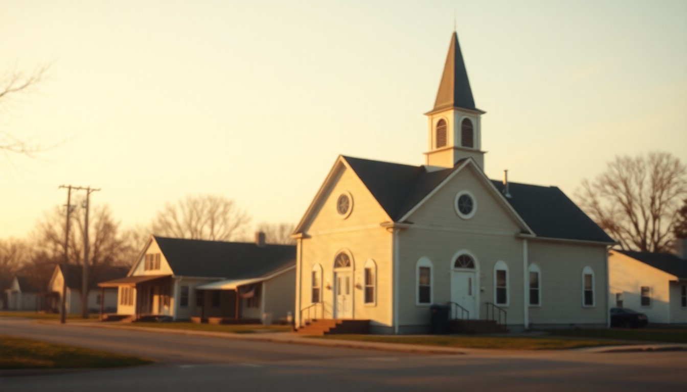 An extremely abstracted, out-of-focus photograph in soft, warm tones depicting the blurred silhouette of a small-town church or community center, conveying a sense of nostalgia and quiet reflection on the life of a dedicated local volunteer.