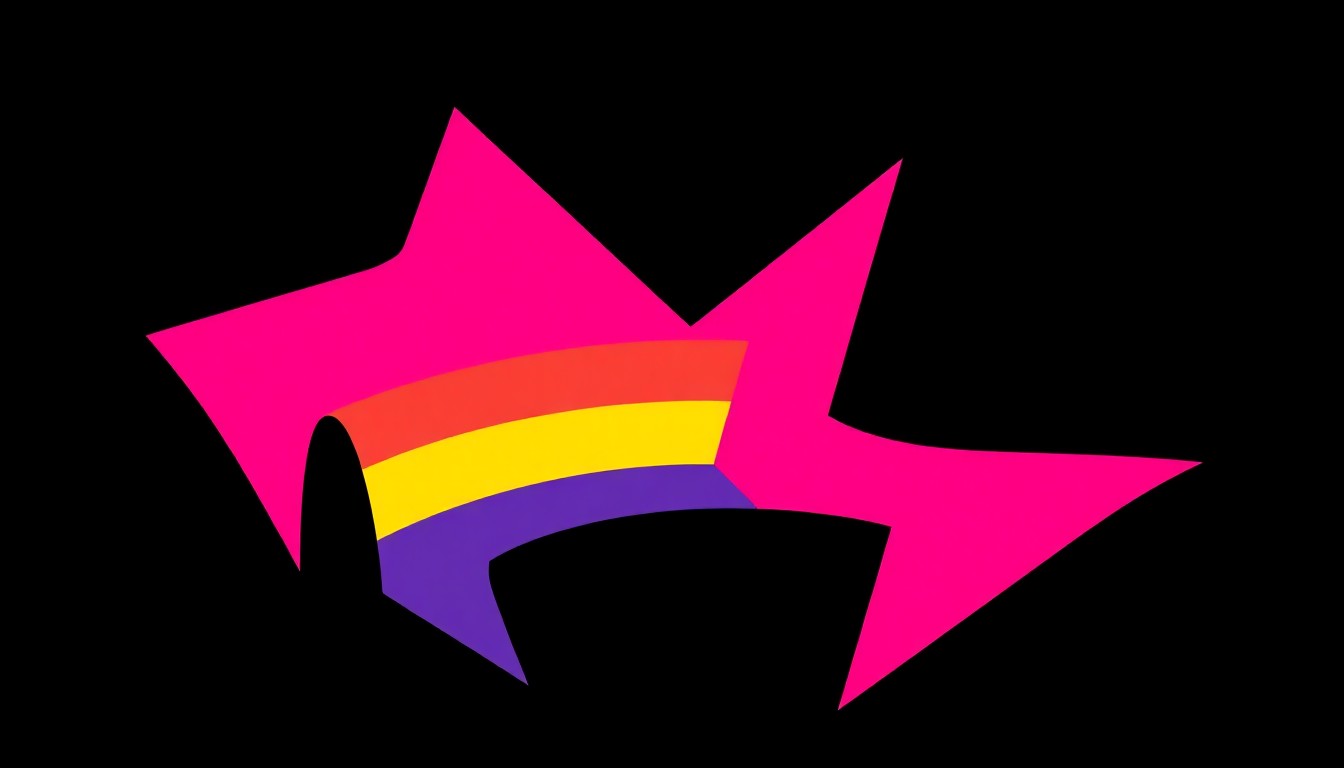 An abstract, minimalist illustration featuring bold, jagged shapes in shades of purple, pink, and black, conceptually representing the inclusive, celebratory spirit of the WussyVision film series.