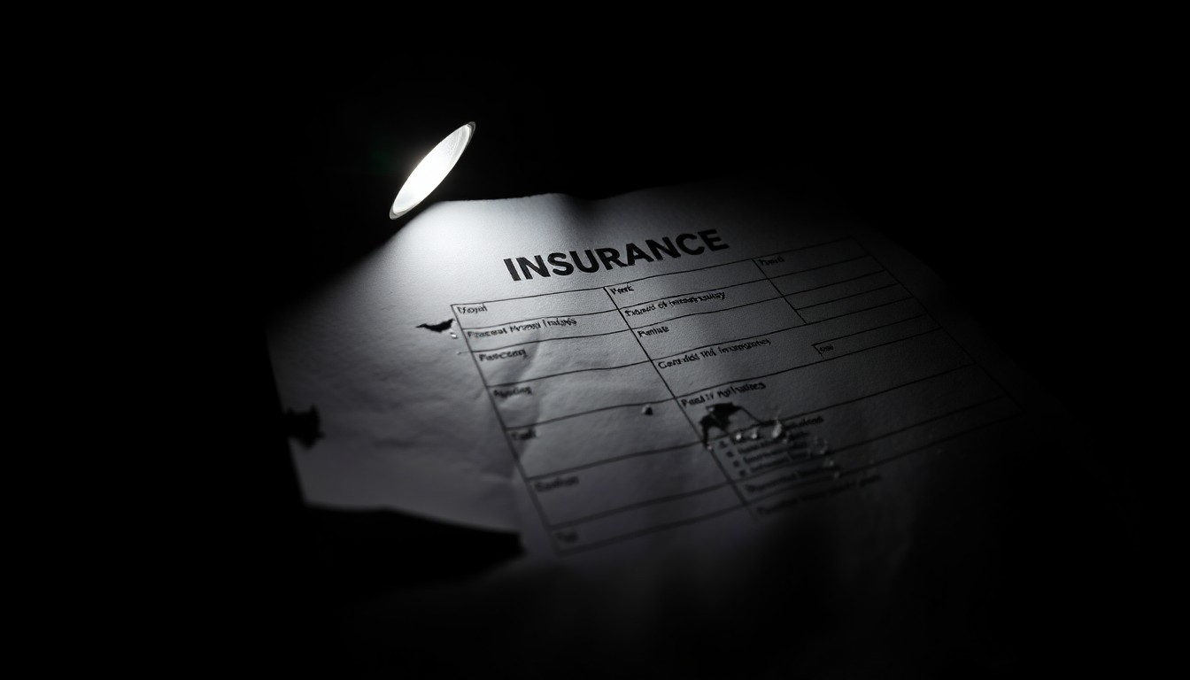 An extreme close-up photograph of a crumpled insurance document or claim form, its edges and textures dramatically lit by a harsh, direct camera flash against a pitch-black background, conceptually representing the investigative nature of this insurance fraud case.