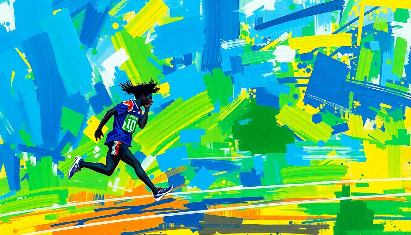 An abstract expressionist painting in bold, sweeping brushstrokes of blue, green, and gold, evoking the dynamic motion and energy of a high school track and field competition.