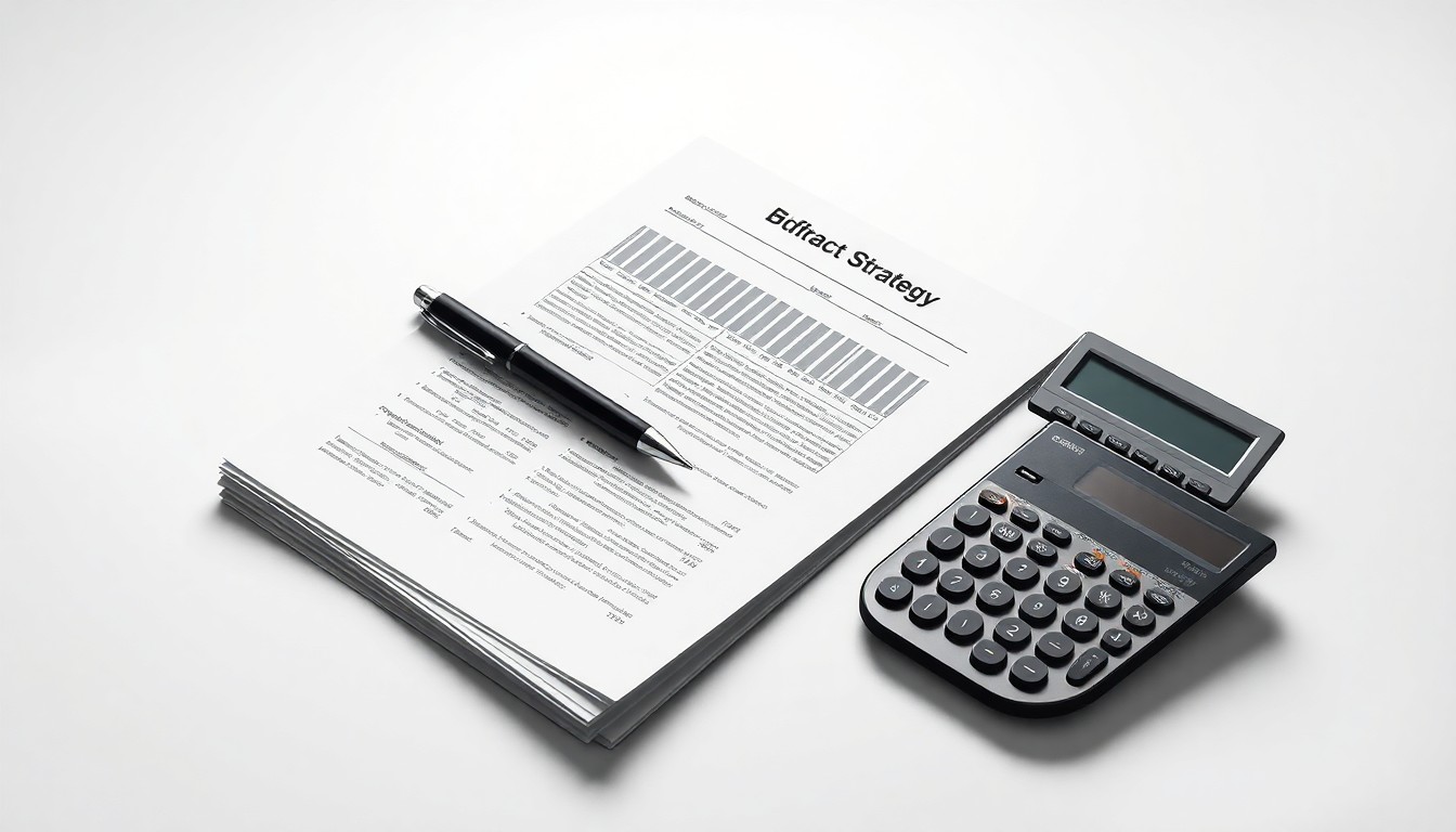 A minimalist studio still life featuring a stack of financial documents, a pen, and a calculator arranged on a clean, monochromatic background, conceptually representing the investigation into Medpace's corporate finances.