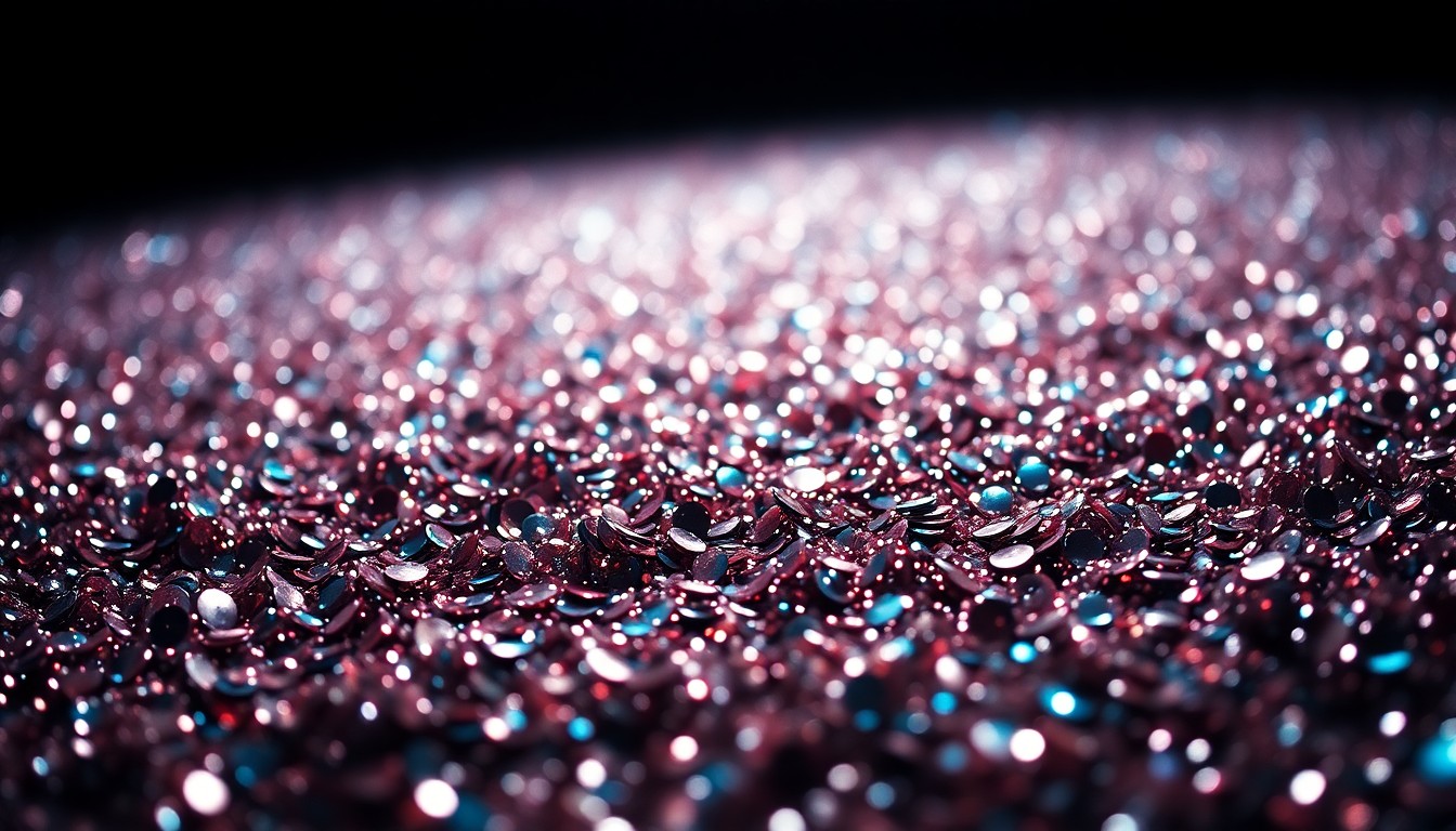 An abstract close-up photograph of shimmering, reflective sequins under dramatic studio lighting, capturing the high-energy, glamorous aesthetic of rock music.
