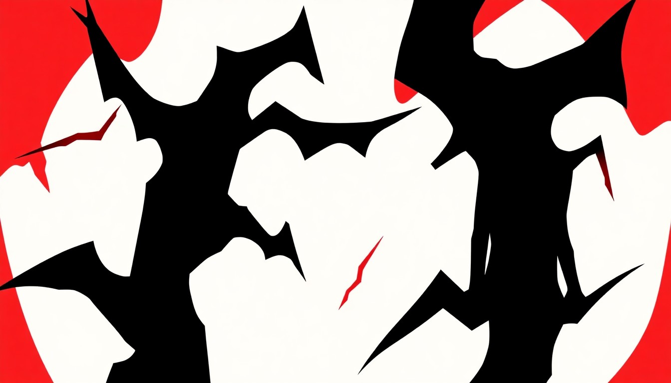 An abstract, minimalist illustration featuring stark black silhouettes of angular, jagged shapes against a high-contrast red and white background, capturing the experimental and intense energy of The Mars Volta's music.