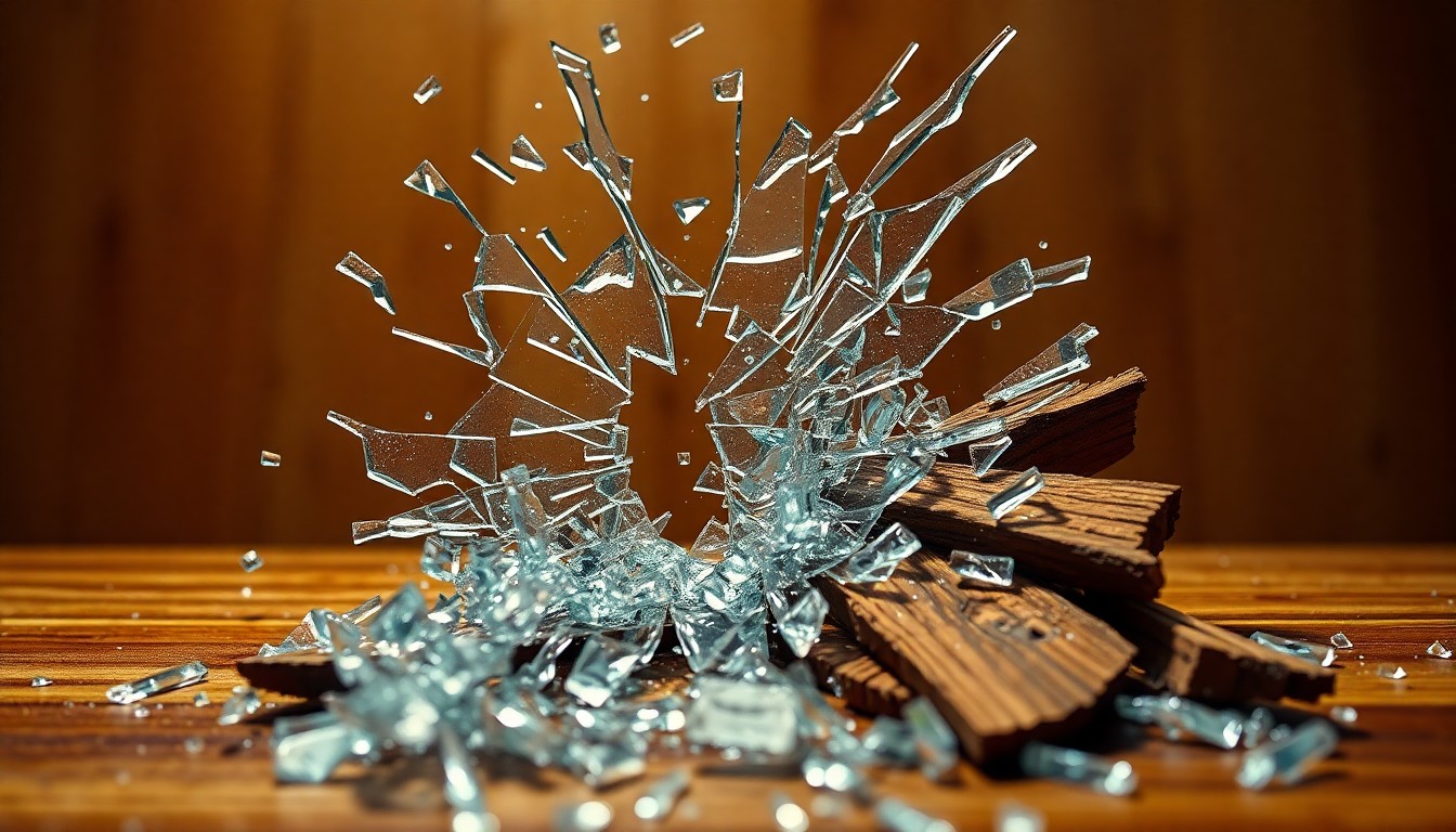 An extreme close-up photograph of shattered glass and splintered wood in high-contrast studio lighting, conceptually representing the violent disruption and violation experienced by a celebrity stalking victim.