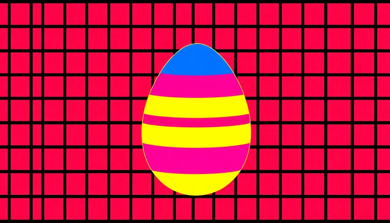 A bold, graphic illustration of a single Easter egg repeated in a grid pattern, rendered in vibrant neon colors and heavy black outlines in the style of Andy Warhol's pop art, conceptually representing the special prizes offered at the Palm Beach egg hunt.