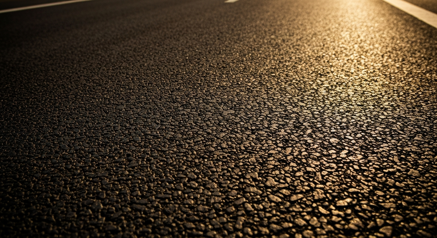 An extreme close-up photograph of the rough, pebbled texture of freshly laid asphalt, capturing the rich browns, grays, and blacks that make up the surface of a highway.