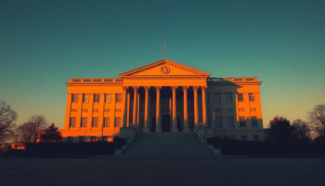 A quiet, cinematic painting of a solitary government building bathed in warm, diagonal sunlight and deep shadows, conveying a sense of unease and isolation around the state's expanded authority.