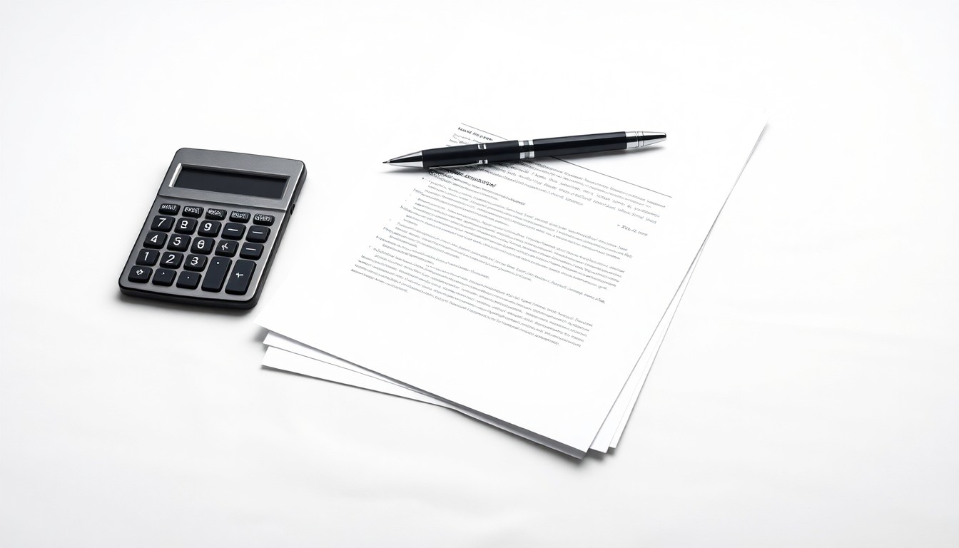 A photorealistic studio still life featuring a stack of business documents, a calculator, and a pen arranged on a clean white background, symbolizing the abstract corporate strategy and financial disputes at the heart of this lawsuit.
