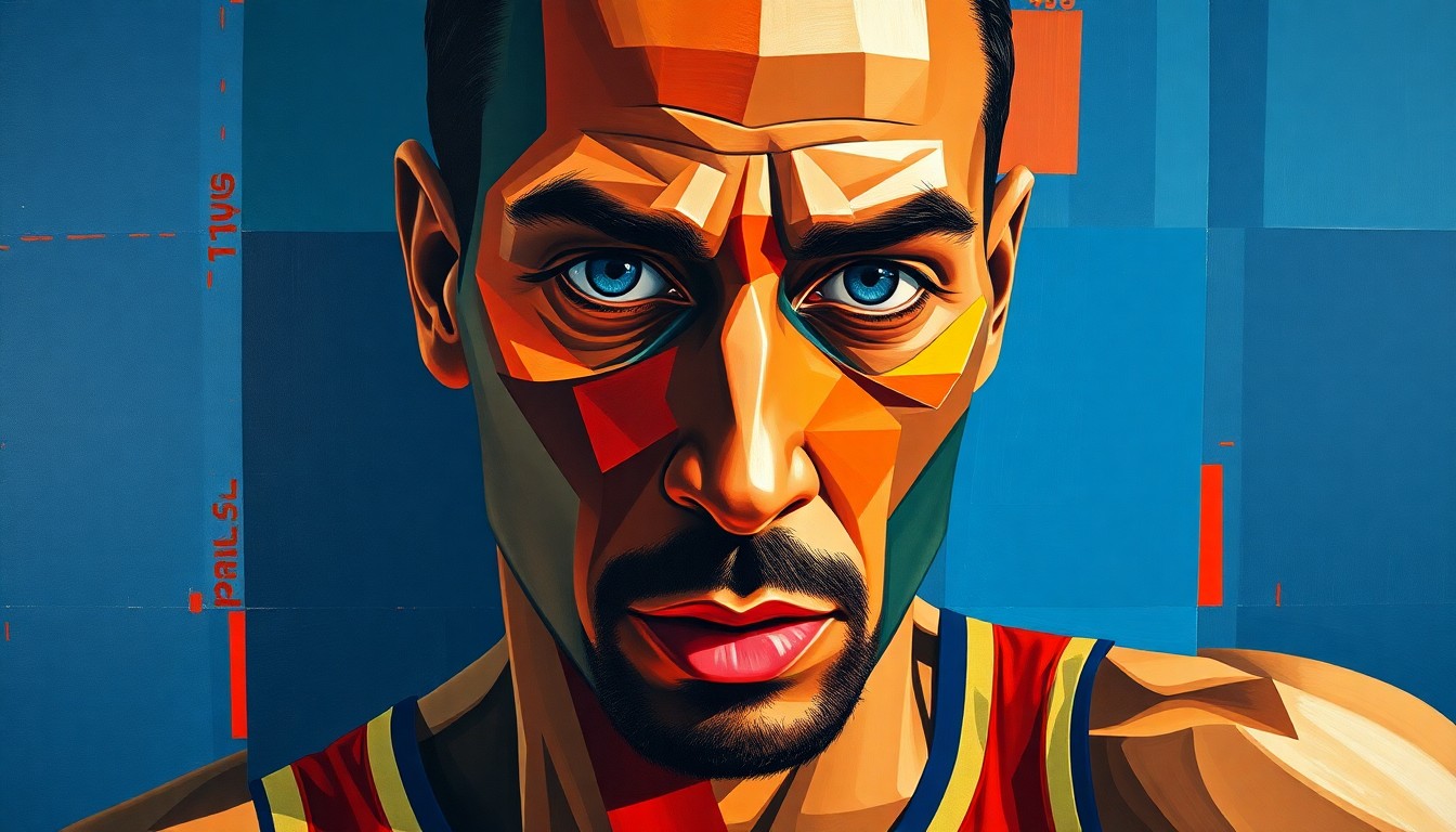 A fragmented, geometric painting depicting a basketball player's face and body broken down into sharp, overlapping planes of deep blue, vibrant red, and earthy ochre, conveying the complex challenges facing the player as he considers his next steps.