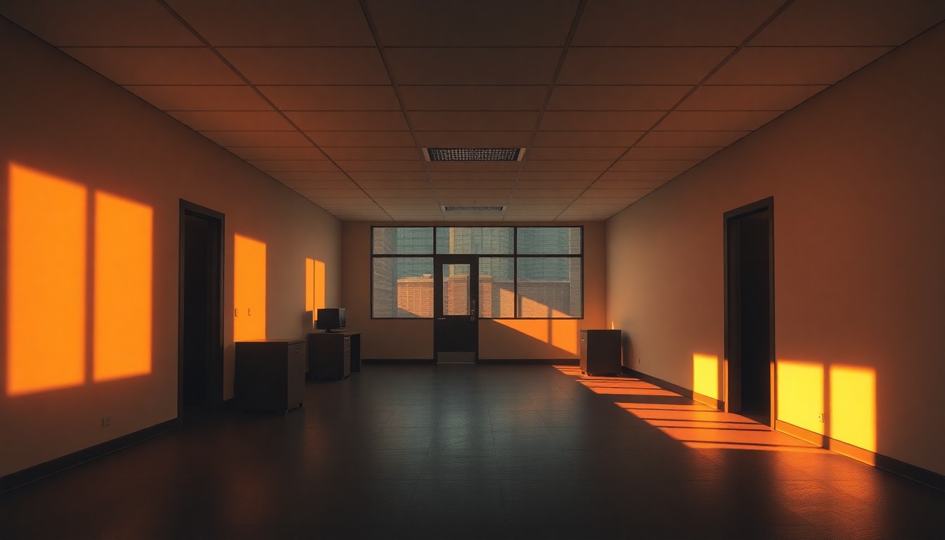 A dimly lit, cinematic interior scene of an empty office space with sparse furnishings and a large window casting warm, angled sunlight across the room, creating a sense of isolation and bureaucratic detachment.