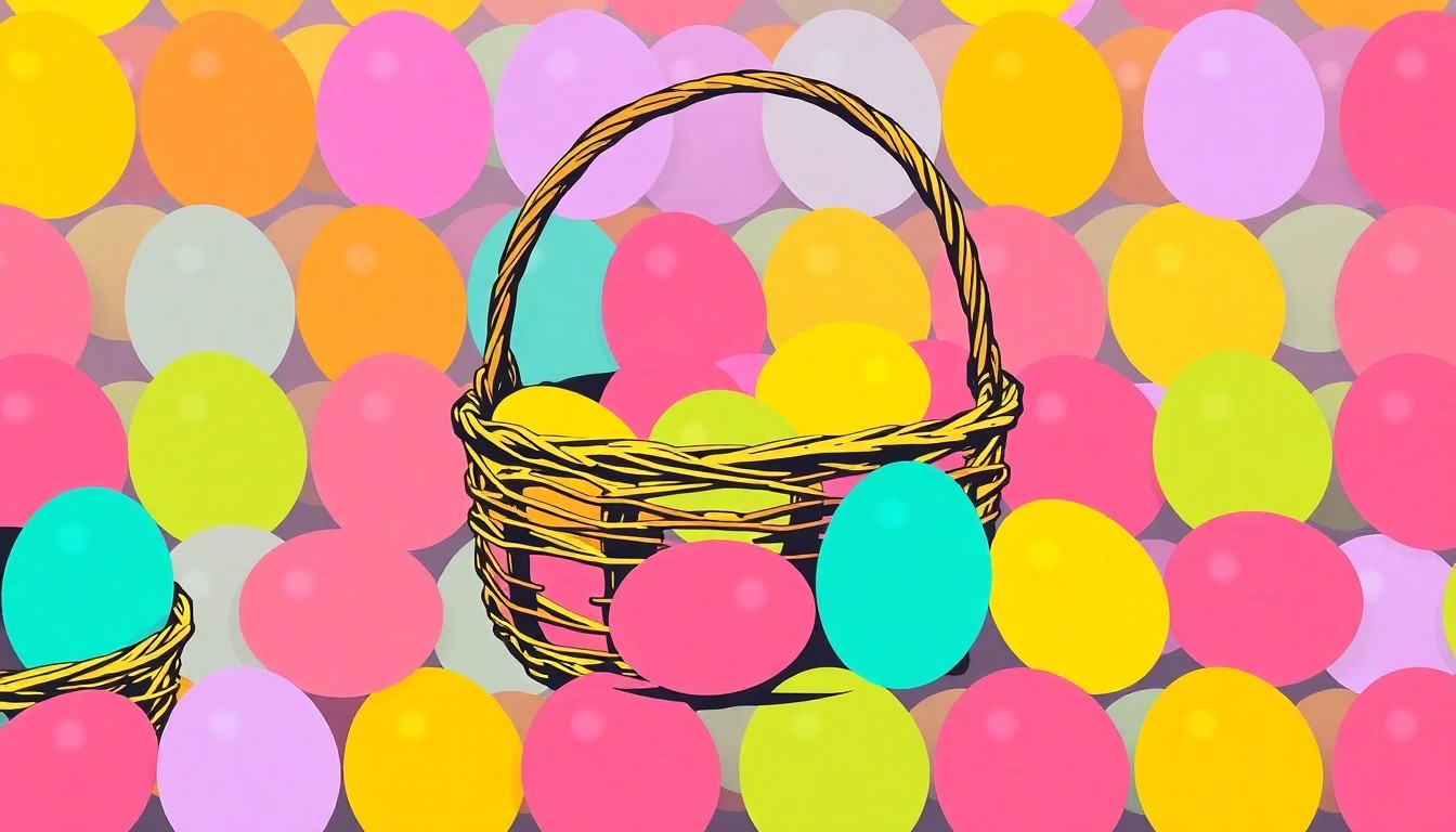 A bold, colorful silkscreen-style illustration featuring a repeating pattern of a single Easter basket filled with brightly colored eggs, capturing the festive energy of the Royal Easter Affair event.