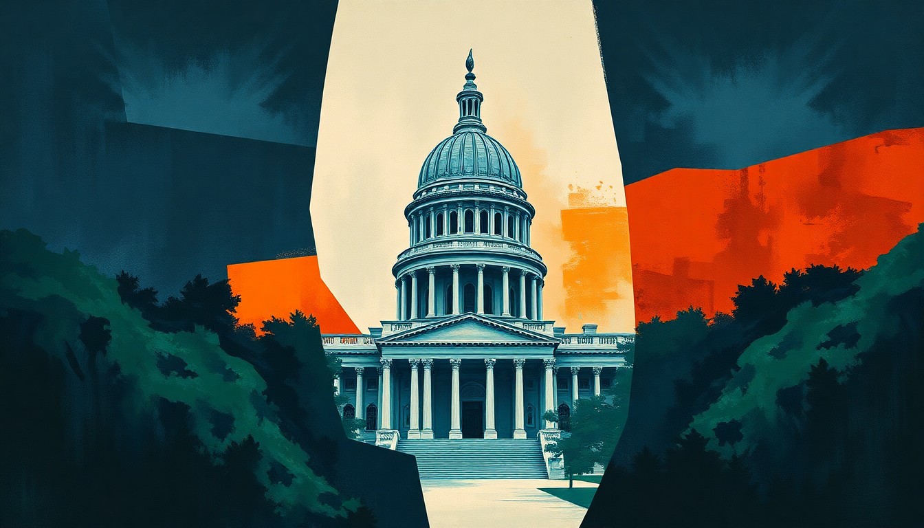 A conceptual illustration featuring a fragmented, abstract depiction of a state government building in bold, overlapping geometric shapes and colors, conveying a sense of political dynamism and change.