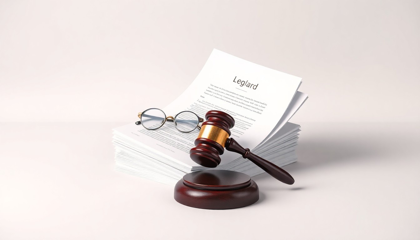 A minimalist studio still life featuring a stack of legal documents, a gavel, and a pair of glasses, conceptually representing the abstract themes of corporate strategy, finance, and legal disputes.