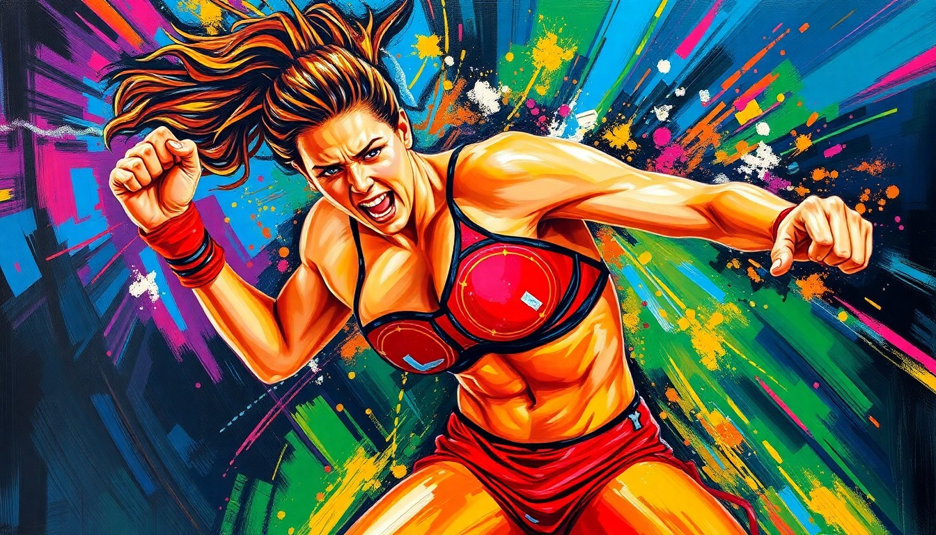 An abstract expressionist painting featuring bold, energetic brushstrokes in neon shades of blue, green, and pink, capturing the dynamic motion and raw power of a female wrestler in action.
