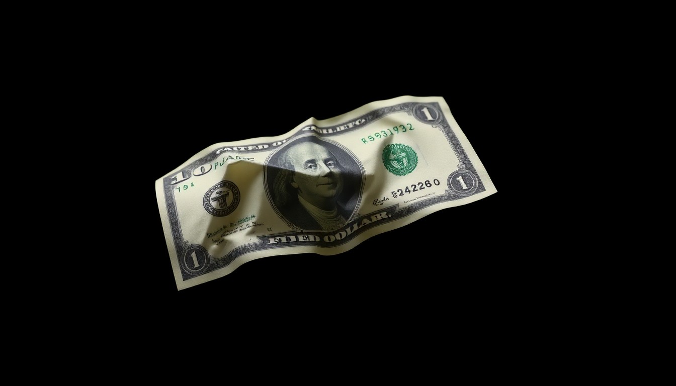 An extreme close-up photograph of a crumpled dollar bill against a pitch-black background, conceptually representing the financial losses caused by investment scams.