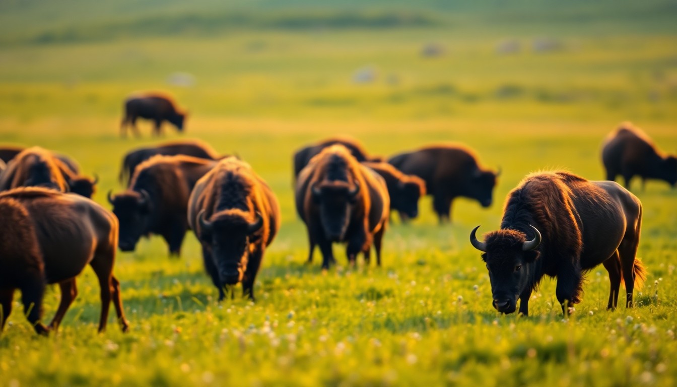 An impressionistic, out-of-focus photograph of several bison grazing in a grassy field, their forms softly blurred and illuminated by warm, diffused light, conveying a sense of tranquility and connection to the land.