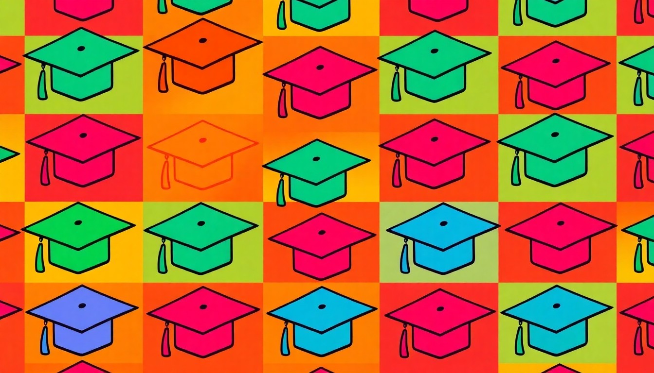A repeating grid pattern of a graduation cap icon rendered in bold, neon-bright colors and heavy black outlines, conceptually representing the transformative power of a major scholarship award.
