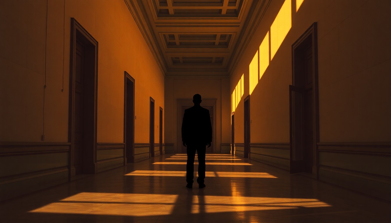 A solitary, shadowy figure standing alone in an empty government building hallway, the space bathed in warm, diagonal sunlight and deep shadows, conceptually illustrating the opacity and lasting consequences of the Mueller investigation.