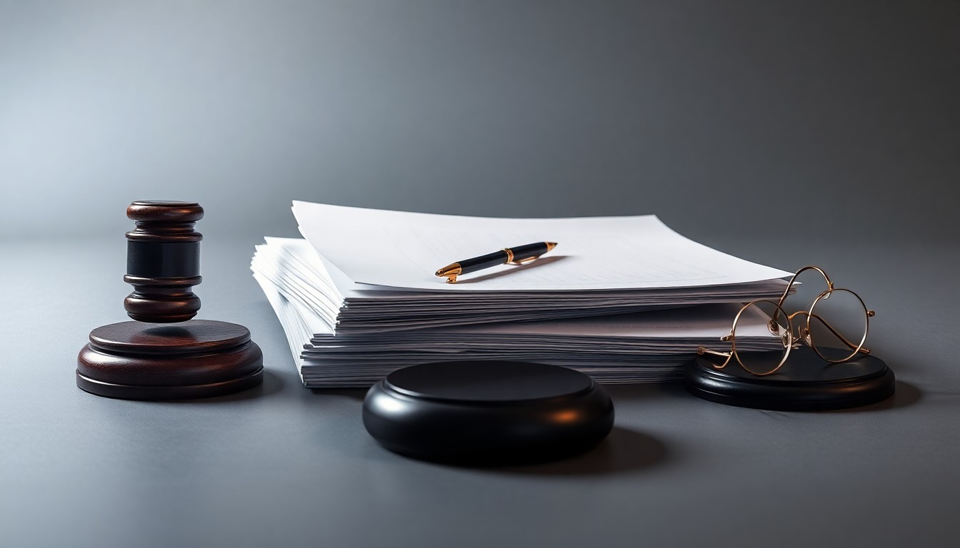 A high-end, photorealistic studio still-life photograph featuring a stack of legal documents, a gavel, and a pair of glasses arranged elegantly on a clean, monochromatic background, conceptually representing the abstract corporate legal matters at the heart of this investigation.