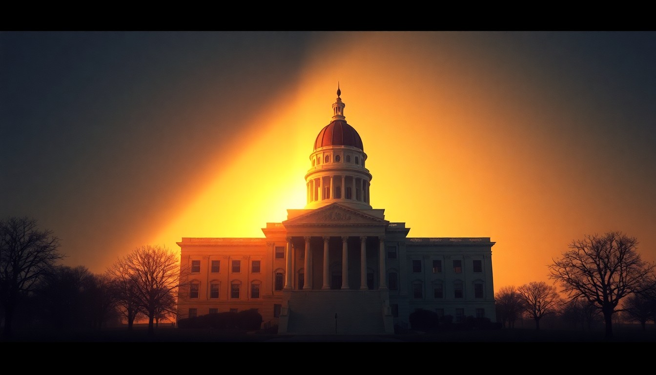 A serene, cinematic painting of the Kansas state capitol building, its facade illuminated by warm, angled sunlight that casts deep shadows, conveying a sense of political tension and division within the state government.
