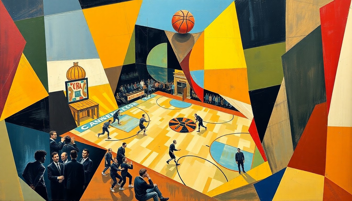 A cubist, geometric painting depicting fragmented basketball players and court elements, conveying the high-stakes decision facing Florida's star forwards.