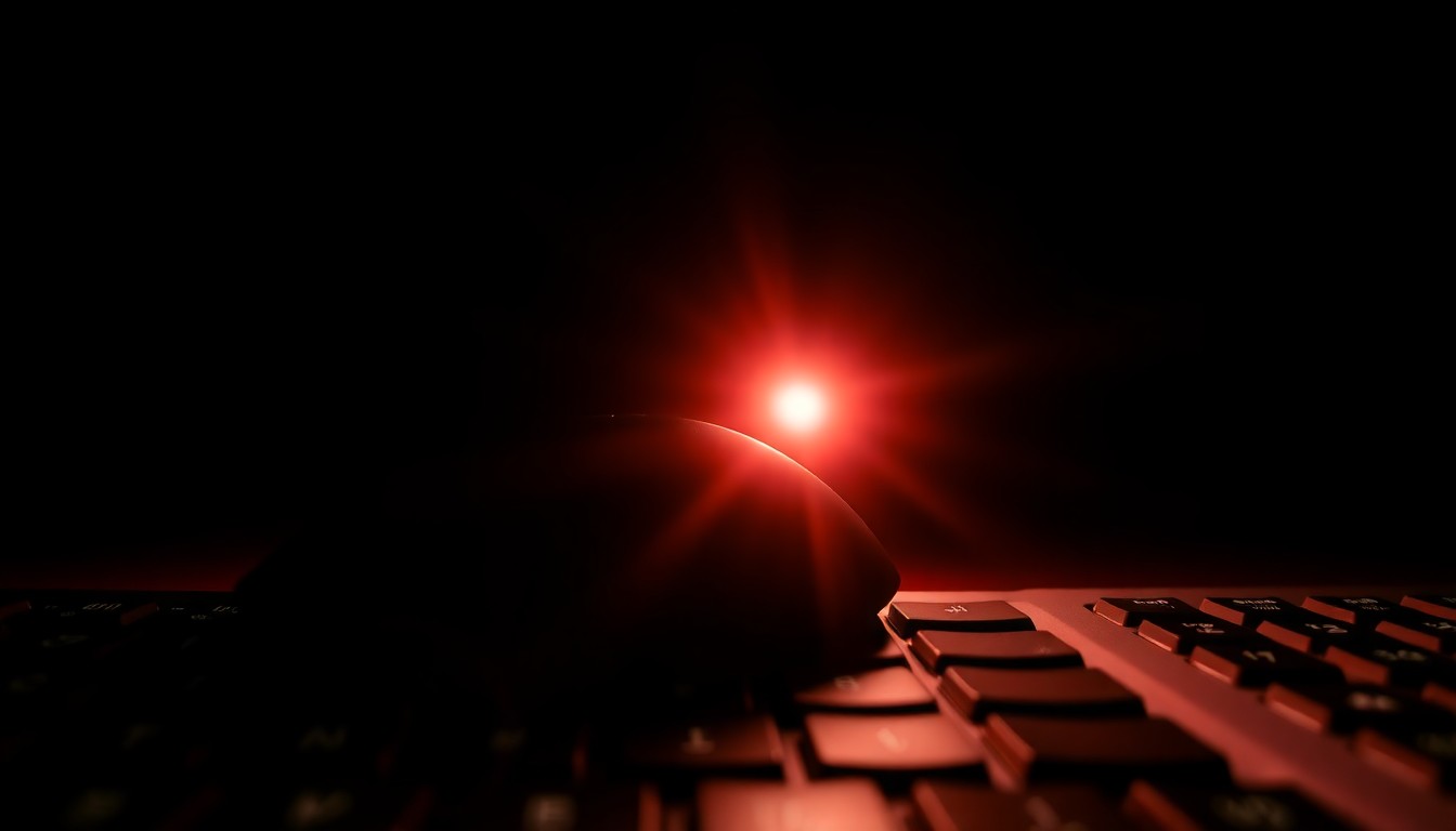 An extreme close-up photograph of a computer mouse and keyboard, lit by a harsh, direct camera flash against a pitch-black background, conceptually representing the investigation into student misuse of technology.