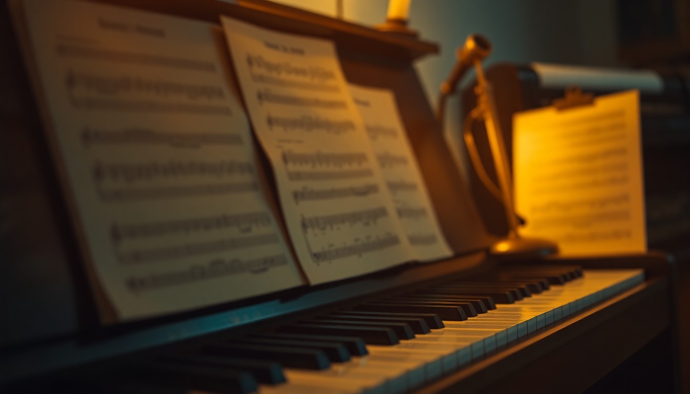An abstract, out-of-focus photograph in warm, hazy tones depicting the blurred silhouettes of musical instruments and sheet music, conveying the emotion and atmosphere of a life dedicated to music.