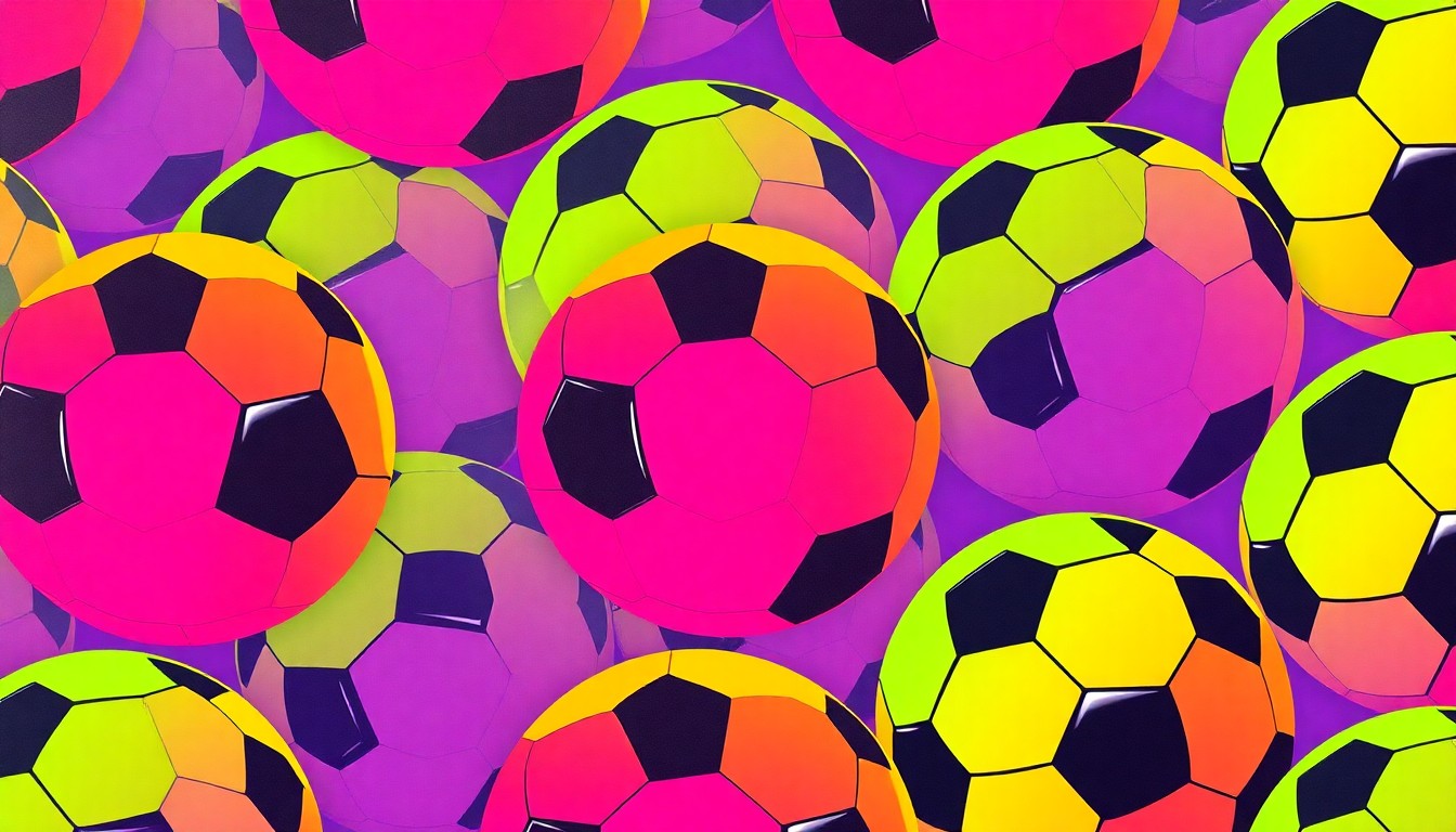 A bold, graphic silkscreen print featuring a soccer ball icon repeated in a tight grid, rendered in a high-contrast palette of neon colors and heavy black outlines, conceptually representing the energy and international appeal of the upcoming World Cup event.