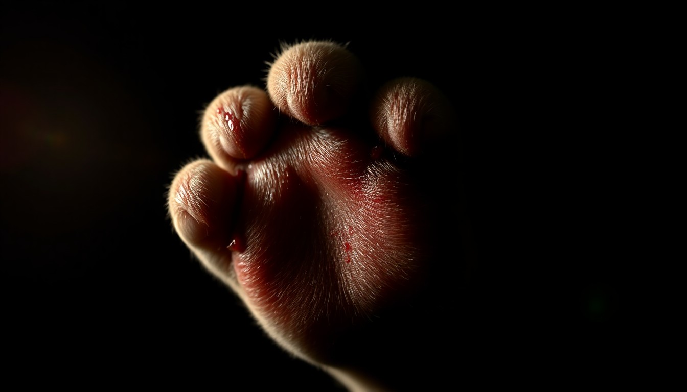 An extreme close-up photograph of a puppy's paw with visible wounds and scars, lit by a harsh, direct camera flash against a pitch-black background, conveying the gritty, investigative nature of the case.