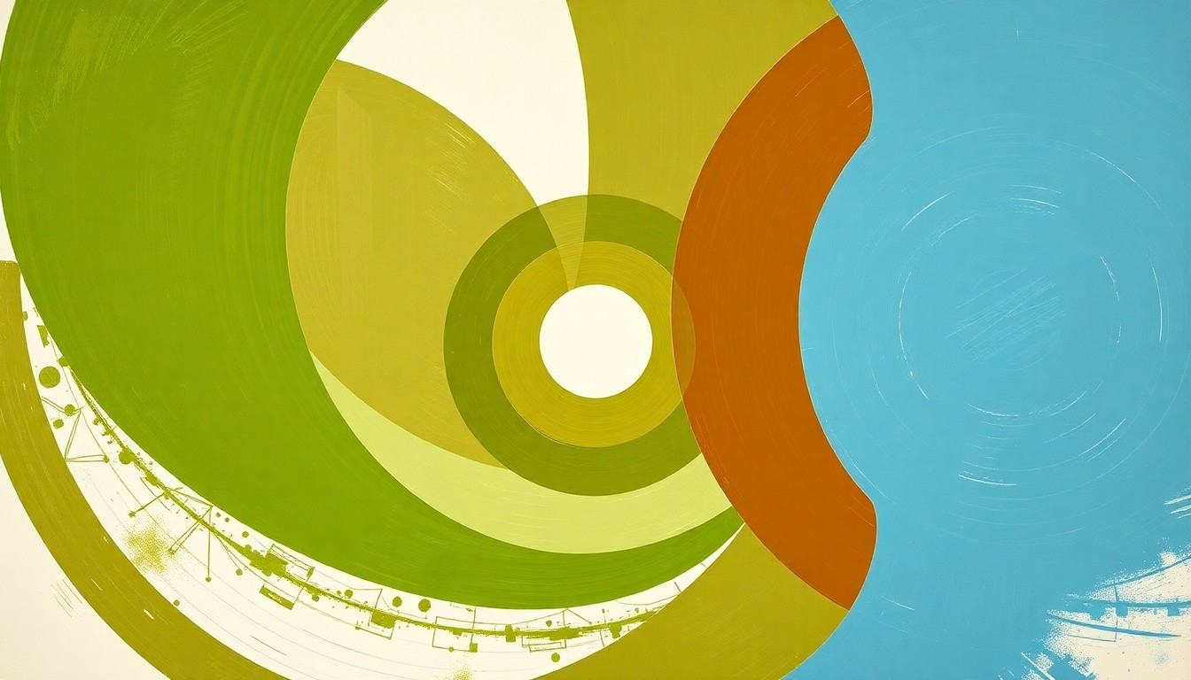A highly textured, abstract painting in earthy tones of green, brown, and blue, featuring sweeping geometric arcs, concentric circles, and precise botanical spirals, conceptually representing the complex forces and natural tensions at play in the debate over a proposed solar farm in Stockton, Alabama.