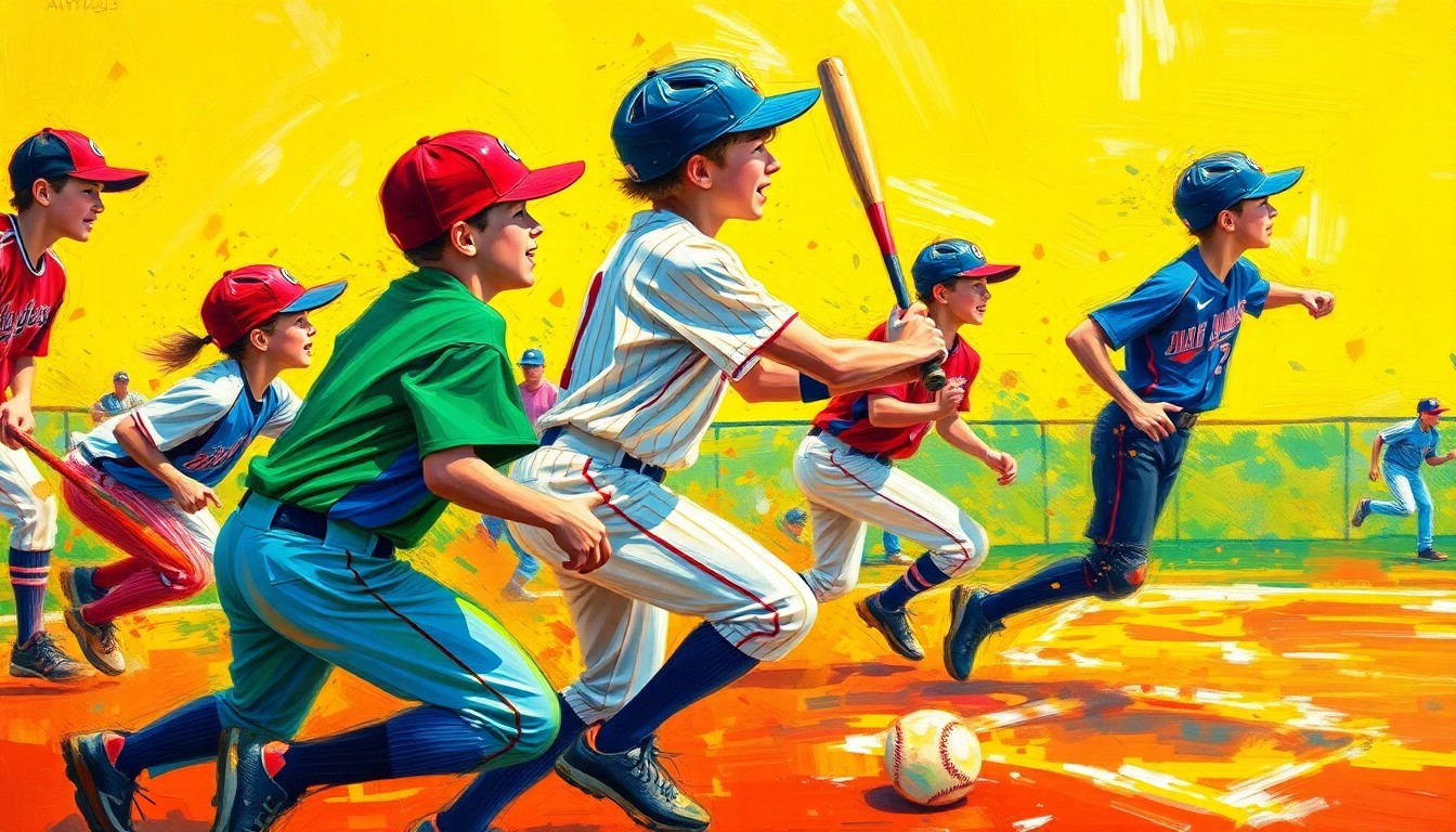 An abstract, expressionist painting in neon colors depicting the dynamic motion and energy of a youth sports game, with no identifiable elements.