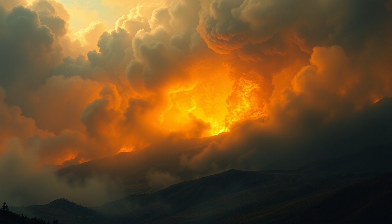 A sweeping, atmospheric landscape painting in muted earth tones, with billowing smoke obscuring the details of a burning structure in the distance, conveying the sublime and overwhelming force of a natural disaster.