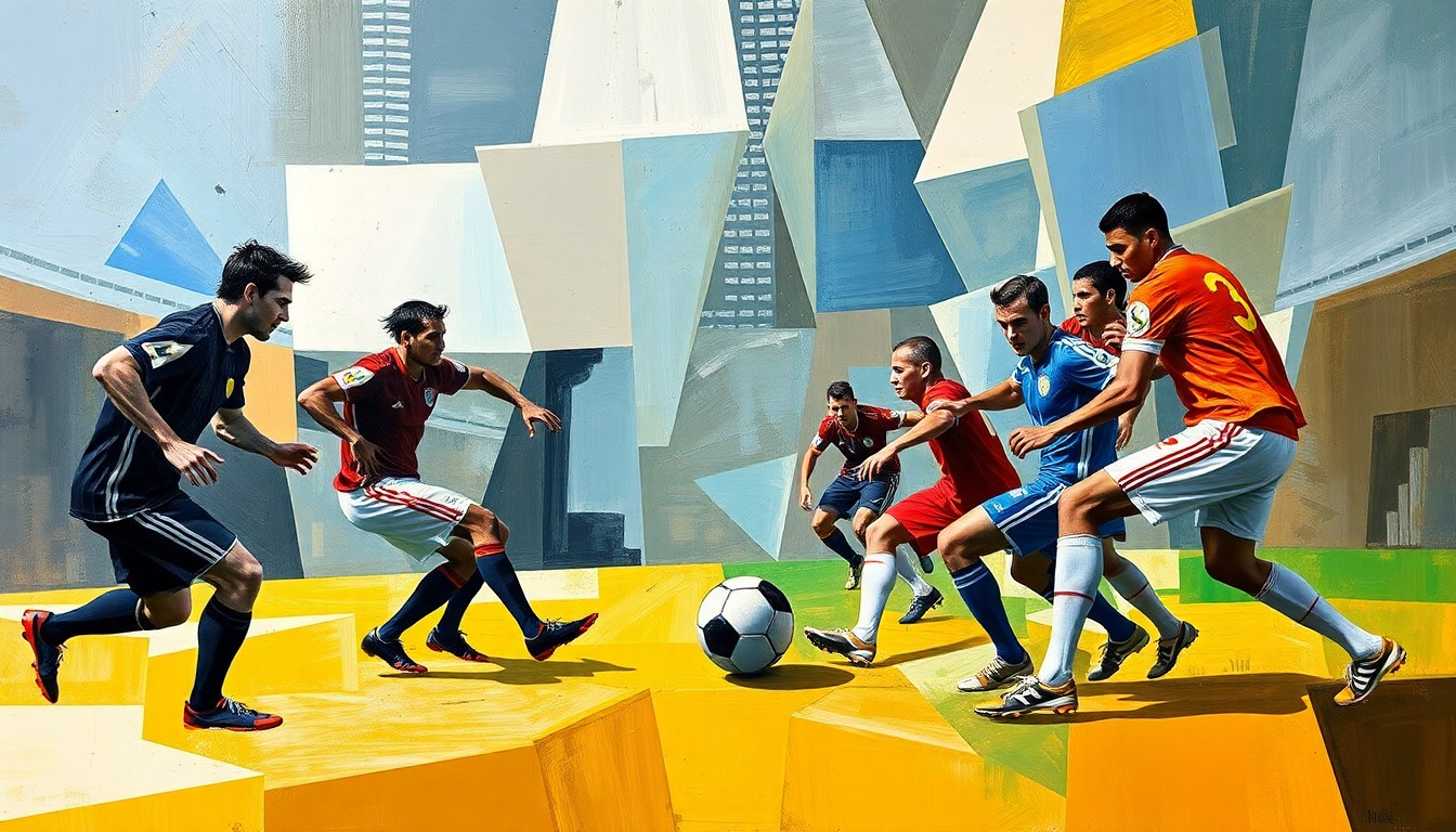 A cubist, geometric painting depicting an abstracted football game, with players represented as overlapping shapes and the ball as the central focus.