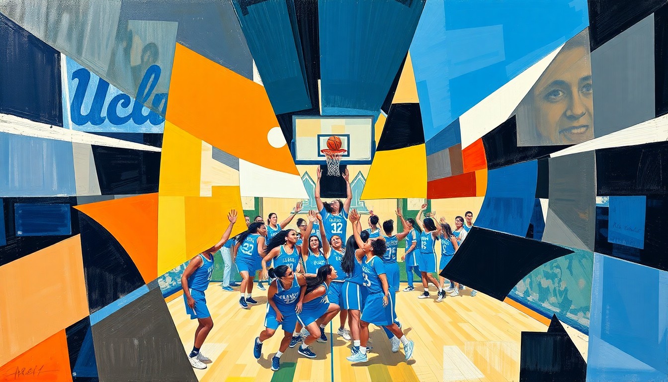 A fragmented, cubist-style painting depicting the action and energy of a basketball game, with sharp, overlapping geometric shapes in the team's colors representing the Bruins' national championship triumph.